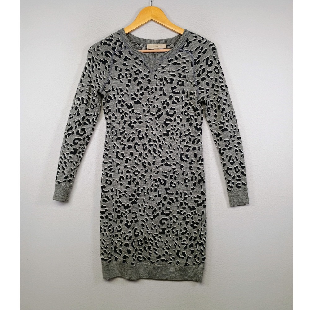 Leopard Print Loft Womens XSP Gray Blk Wool Blend Knit Long Sleeve Sweater Dress